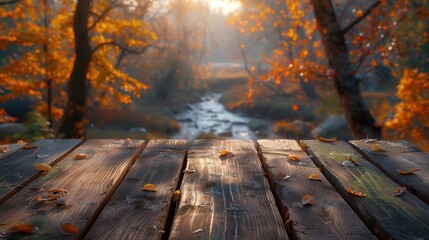 Naklejka na ściany i meble Empty wooden table with background of autumn