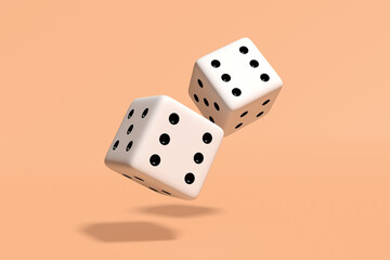Rolling white dices floating on pink beige background.
