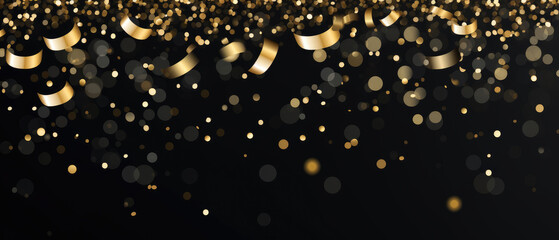 Festive vector with shiny shining golden particles spread sparkling golden bokeh light on Black background