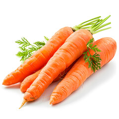 Food Three carrots, a root vegetable, with green stems on a white background