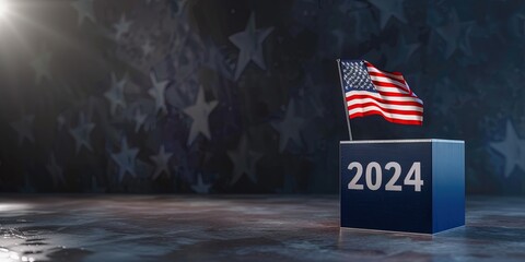 2024 US Election concept - American flag and voting for 2024 presidential, gubernatorial, federal, and state elections "2024" text
