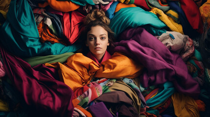 A girl against the background of a pile of clothes and things. The problem of consumerism and overconsumption. A person in a pile of clothes.