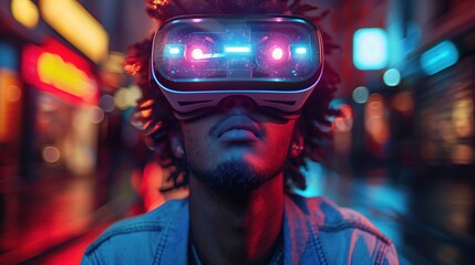 A young man wears VR goggles and tries out new experiences in the Metaverse and immersive experiences at night.