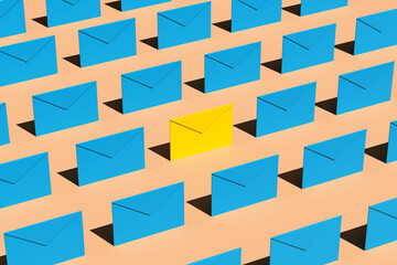 Repetitive seamless pattern of blue envelopes on beige background where one envelope is yellow.