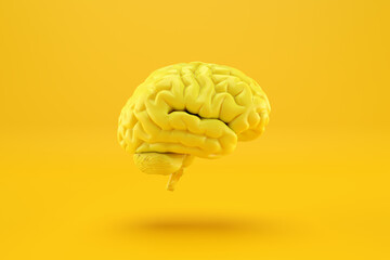 Yellow colored human brain floating on yellow background.