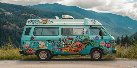 Van painted with colorful graffiti mural