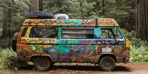 Van painted with colorful graffiti mural