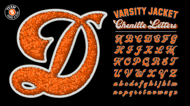 A collection of varsity jacket style letters with chenille fabric effect, in orange and black team colors