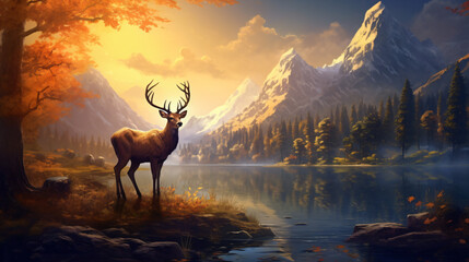 Fantastic landscape lone deer fantasy style. dream