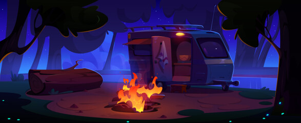 Obrazy na Plexi  Camping place with camper van with tent and open door standing in forest near logs on bonfire pit and large wood trunk on ground as seat. Cartoon summer night scene with caravan for relax and travel