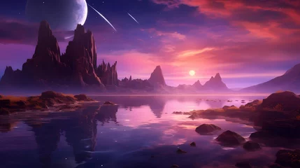 Photo sur Plexiglas Tailler Fantasy alien planet. Mountain and lake. 3D illustration.