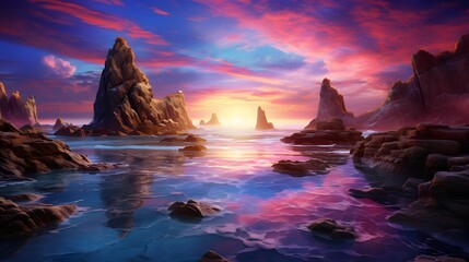Fantasy seascape. Rocks and sea at sunset. 3D illustration