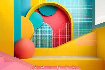 abstract background of playful convergence of 2D pop-art graphics and 3D geometric shapes creating...