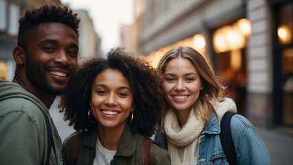 Multiracial selfie with friends walking on city street