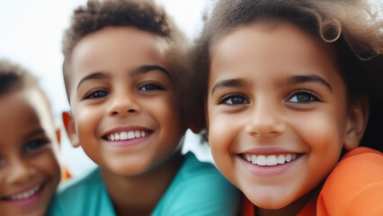 Portrait of happy black children with curly fluffy hair. Their children's faces, full of joy and innocence, remind us of the importance of tolerance, respect and understanding of each other. - obrazy, fototapety, plakaty