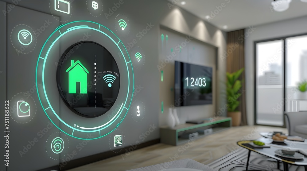Poster smart home automation with retro-futuristic style, to provide an engaging and unique depiction of sm