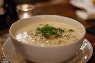 "Creamy mushroom soup in white bowl garnished with parsley.