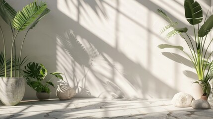 Modern interior with potted tropical plants and natural light shadows.