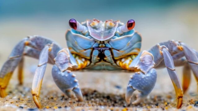 Closeup of a crabs beady black eyes focused intently on the grains of sand beneath its delicate pointed claws.