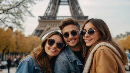 Fotobehang Group of happy young friends having selfie outdoors in Paris © WrongWay