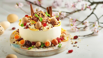 Easter-themed cake with chocolate and fruit toppings on a wooden board.