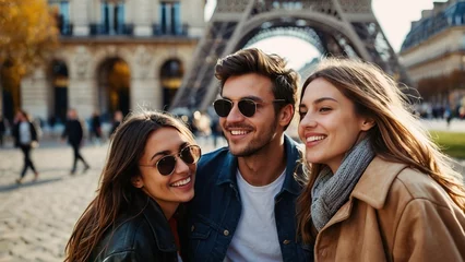 Fototapeten Group of happy young friends having selfie outdoors in Paris © WrongWay