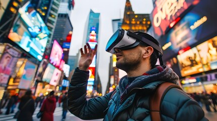 Man Experiencing Virtual Reality in New York City, To convey the excitement and possibilities of virtual reality technology in an urban setting,