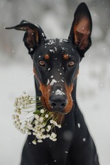 Doberman Pinscher with snowflakes on face holding white flowers.