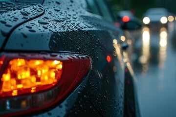 Das Heck von einem Auto mit Wassertropfen bei Regen  - obrazy, fototapety, plakaty
