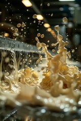 Close up of milk flow on a production line in a factory