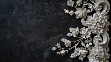 Baroque floral ornament on black textured background with white flowers