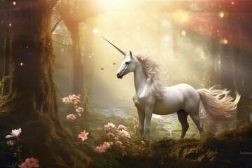Obraz na płótnie Canvas Fantasy unicorn in enchanted forest. Digital art with magical wildlife theme.