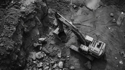 Excavator on a construction site with rocky terrain. Aerial view monochrome photography - obrazy, fototapety, plakaty