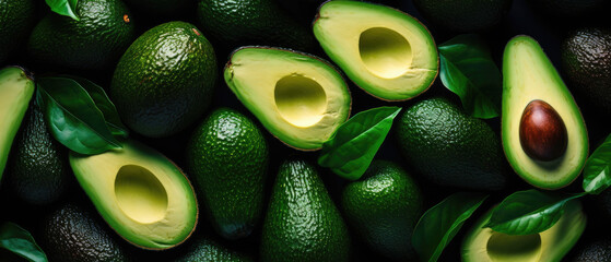 top view of a background of fresh ripe avocados fruit close together and stacked created with Generative AI Technology