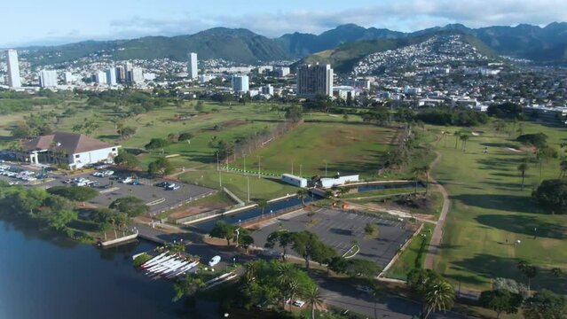 Aerial panoramic view of Ala Wai Canal Fishery Management. Hawaii