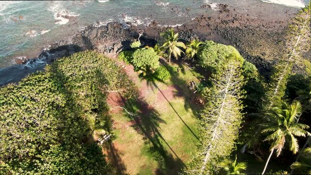 Aerial top view of Koki Beach. Alau Island seabird sancatuary. Hawaii. Orbit ascending