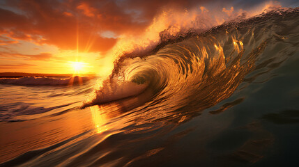 Golden ocean wave at sunset.