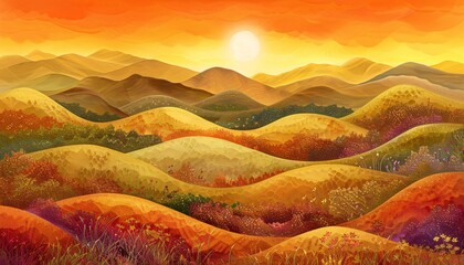 Sunrise in the Mountains A Vibrant Painting of a Sunset in the Hills Generative AI