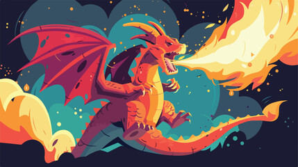 Cartoon fire-breathing dragon. - obrazy, fototapety, plakaty