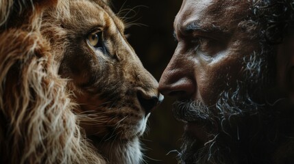 A powerful close-up of a face-to-face encounter between a man and a lion, capturing a moment of profound connection and mutual respect.