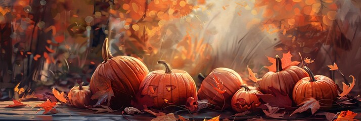 Fall Fiesta A Pumpkin Patch of Pumpkins and Leaves Generative AI - obrazy, fototapety, plakaty