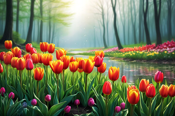 Colorful wild tulips beginning to flower and peaceful serenity vector illustration style art design