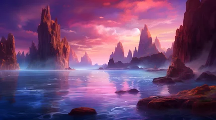 Zelfklevend Fotobehang Fantasy seascape with mountains and sea at sunset. 3d illustration © Iman
