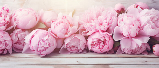 Spring floral background Fresh blooming Pink Peony Flowers on soft gray vintage wood background created with Generative AI Technology 