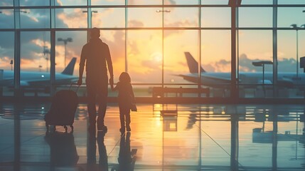 Airport Silhouette of Mother and Child in Golden Light