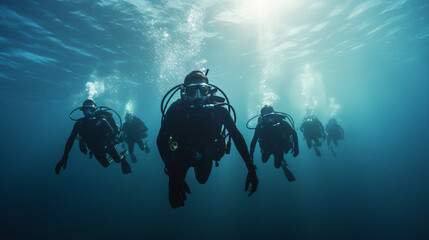 Group of divers passing exams open water - obrazy, fototapety, plakaty