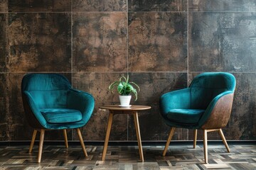 Two teal velvet chairs facing each other with a small table and plant between them against a rustic wall.