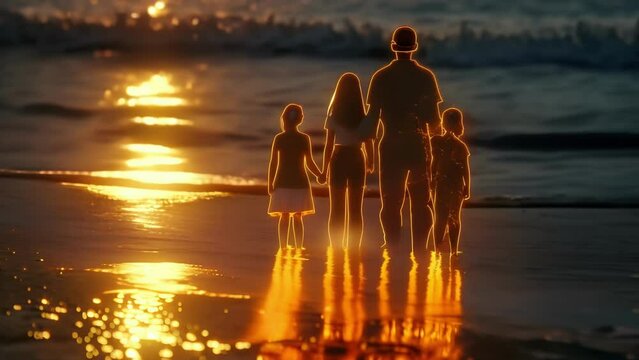 A hologram of a family standing on a beach with words and images of their dreams and hopes for their future descendants written in the sand.