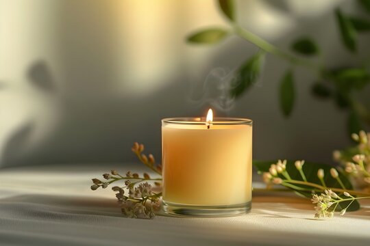 Candle with Green Flowers and Leaves in Photorealistic Style