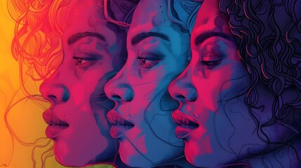 Colorful Illustration of Three Women with Stylish Hair